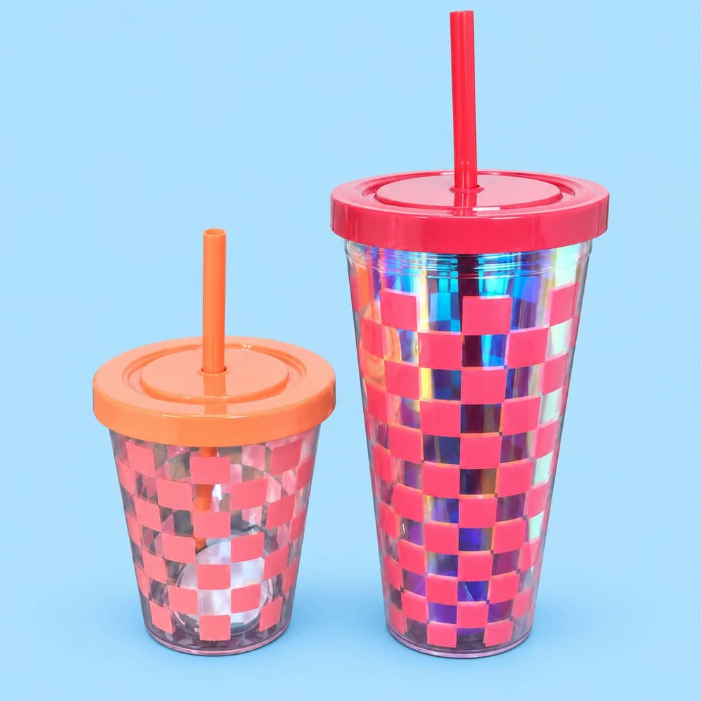 New Never Used Set of 2 Pink & Peach Plastic Tumblers with straws